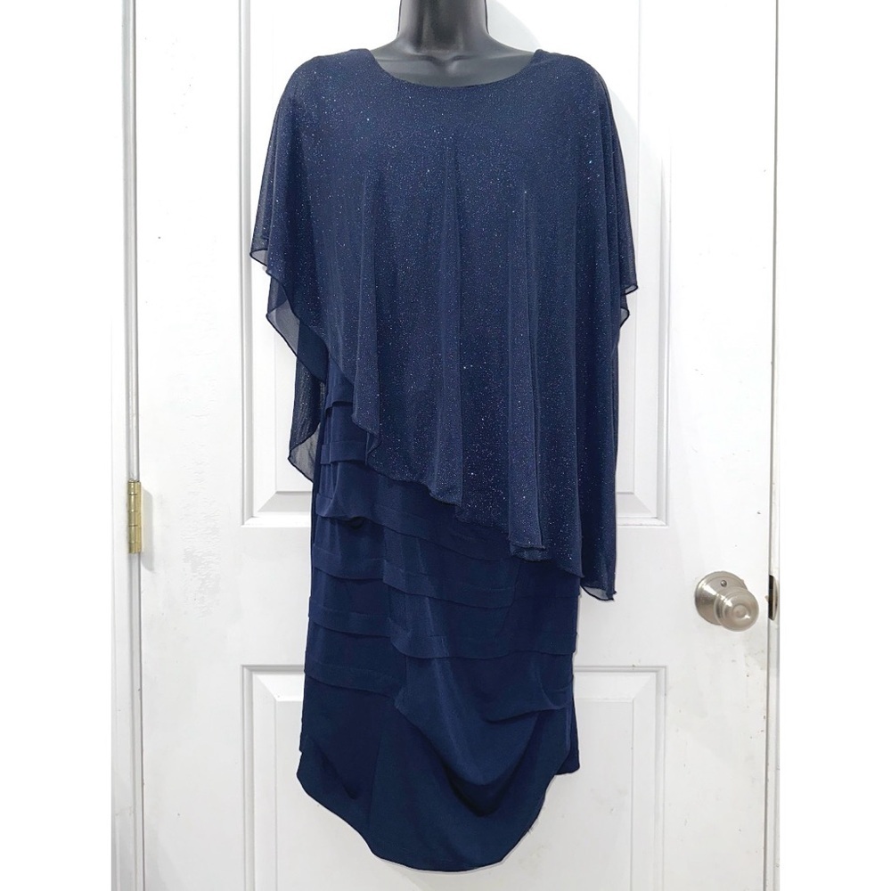 EnFocus Studio navy blue tiered dresses featuring a sheer, glittery overlay